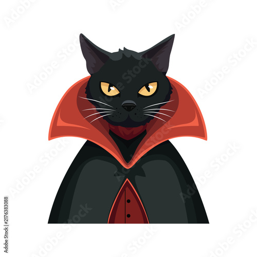 illustration of a vampire cat for Halloween, a cartoon character, an illustration for the design of festive themed goods