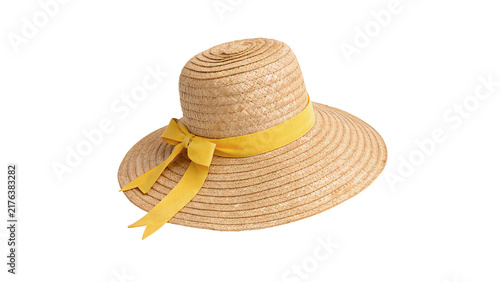Classic summer straw hat isolated on transparent background fashionable sun protection beach apparel accessory