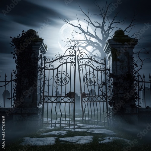 Old wrought iron gate with moonlit trees behind