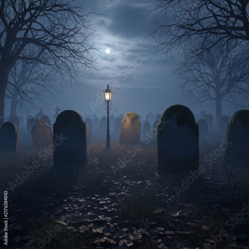 Moonlit cemetery with vintage lamppost at night