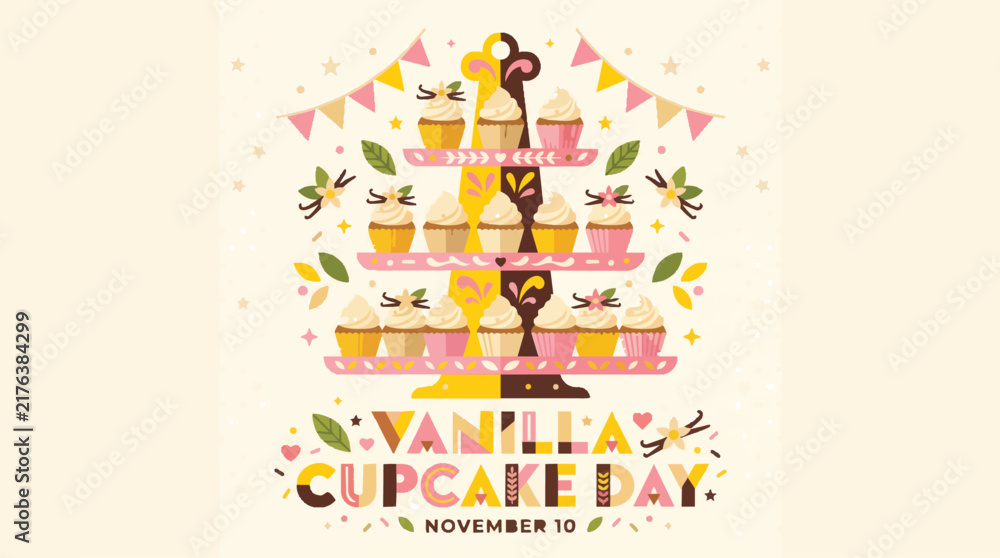 Fototapeta premium Vanilla cupcake day illustration in festive retro style with bright pastel colors and flat design for bakery advertising