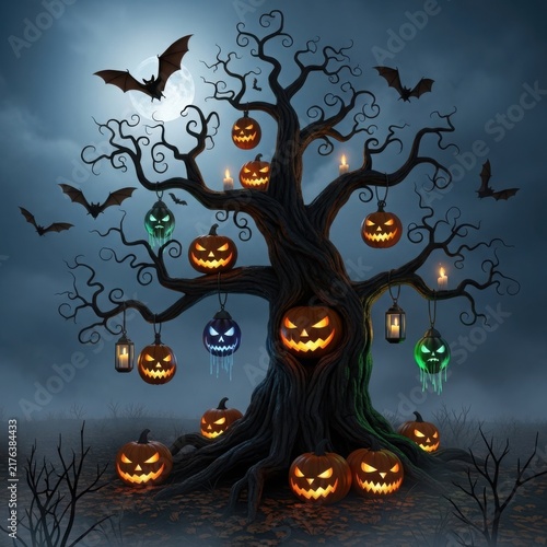 Halloween jack o lanterns hanging on old tree branches