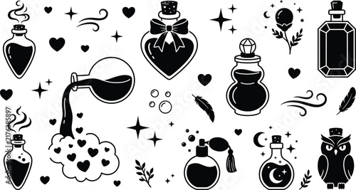 Bild auf Leinwand Magic potion bottles vector set with witch poison love elixir flask illustration