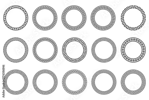 Round Greek key pattern with Roman meander ornament and classic motif. Circular vector frame border in traditional retro European geometric style with ornate decorative details.