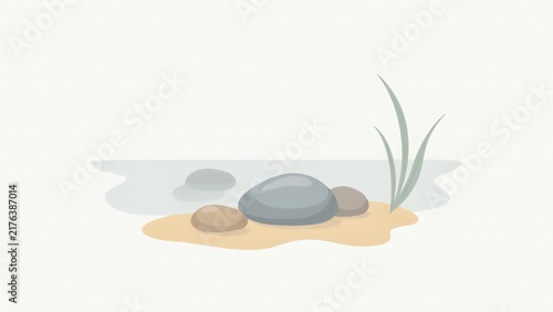 Smooth stones and grass on a sandy shore next to calm water with flat design illustration environment