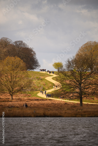Canvas Print Richmond Park, London - March 28, 2026: Visitors walk along winding path between trees beside water