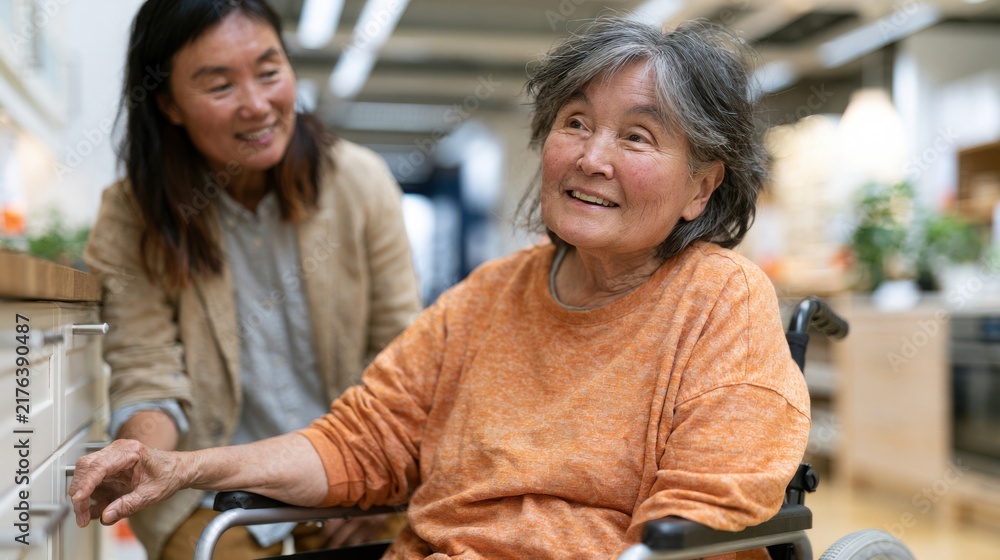 Obraz premium Elderly woman in wheelchair smiles while shopping for home goods with caregiver in modern store, bright interior with shelves of products visible in the background