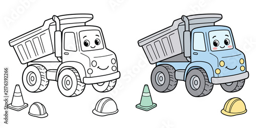 A cute cartoon dump truck coloring page for kids featuring a construction vehicle with a hard hat and traffic cone illustration style