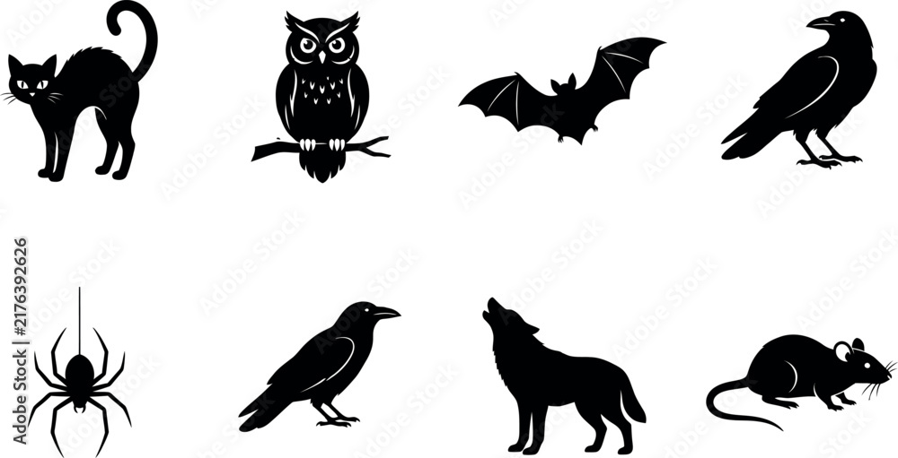 Obraz premium A collection of eight distinct black silhouettes representing iconic spooky and nocturnal animals often associated with Halloween themes and folklore in a clean minimalist style.