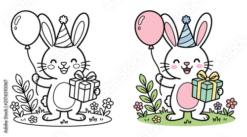 A cute bunny rabbit holding a birthday balloon and gift box in a fun coloring page for children to color today