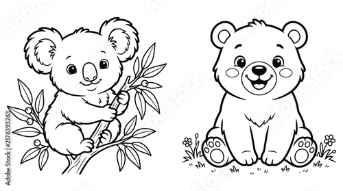 Canvas Print A cute black and white coloring page featuring an adorable koala sitting on a br