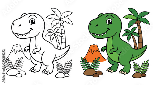 A cute cartoon dinosaur coloring page for kids featuring a prehistoric t rex character standing next to a volcano and palm trees