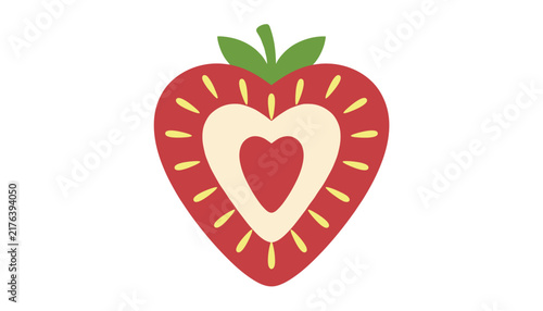 Cute heart shaped strawberry illustration featuring a halved fruit with heart seeds and green stem.