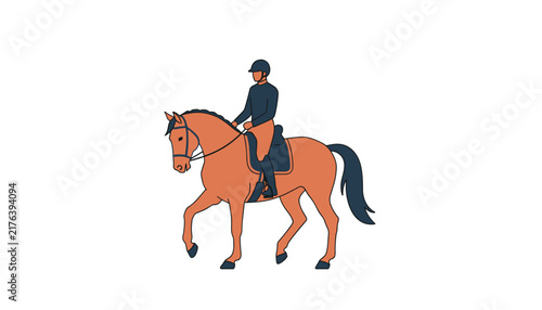 Equestrian dressage rider in uniform mounted on a horse performing walking movements.