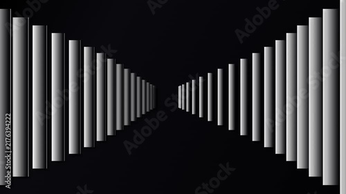 Abstract background with repeating vertical gray gradient pillars forming a perspective tunnel leading to a dark center point