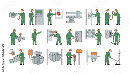Colorful electrician work icon grid displaying technicians in green uniforms operating industrial systems.