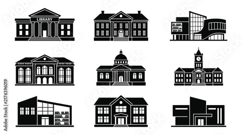 Black and white building structures icons.