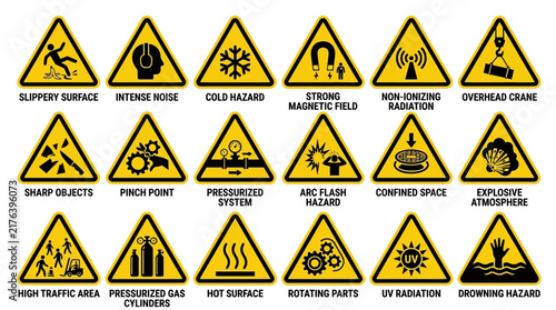 Collection of Essential Industrial Safety Warning Signs and Hazard Alert Icons for Workplace Compliance and Risk Prevention