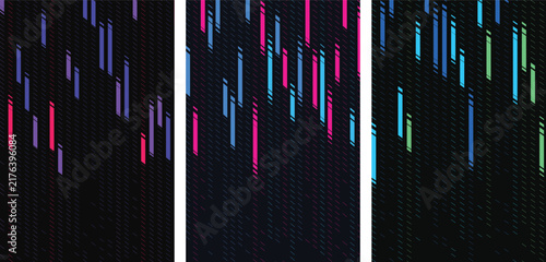 Vertical slanted rectangular blocks and diagonal lines in purple, pink, blue and green color gradients