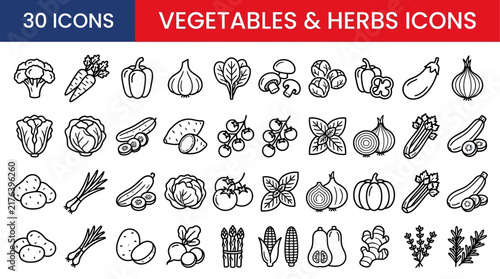 Collection of Line Art Vegetable and Herb Icons for Organic Food Design and Healthy Cooking Projects