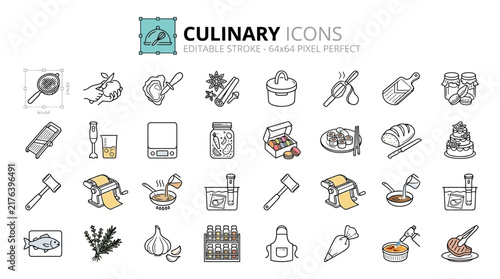 Professional Culinary Tools and Kitchen Equipment Line Art Vector Icons Set for Food Preparation and Gourmet Cooking