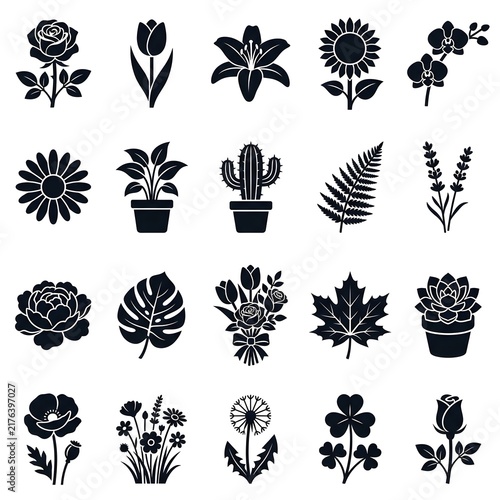 Floral collection of black silhouettes with roses tulips sunflowers and potted plants vector