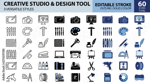Comprehensive Creative Studio and Professional Design Tool Icon Set Featuring Outline Solid and Color Variations