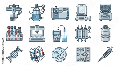 Collection of scientific research and laboratory diagnostic equipment icons representing modern biotechnology and chemical analysis processes
