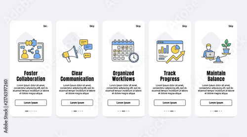 Modern mobile application onboarding screens set featuring business management and professional productivity development concept illustrations