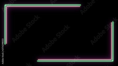 Glowing neon frame with green and pink lines on dark background for modern creative design projects and digital art displays or festive borders