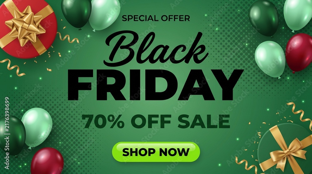 Fototapeta premium Black friday special offer sale banner with colorful balloons gift boxes and confetti on a dark green background