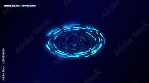 Bright blue cosmic galaxy vortex core with glowing circular light rings spinning in dark deep space background for futuristic technology concept