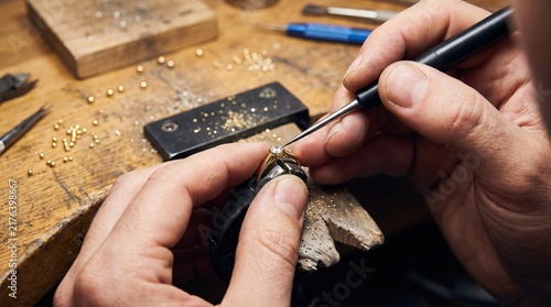 Jeweler setting gemstone in ring on workbench with jeweler s hands hold ring craftsmanship metalwork precision workshop metallic jewelry with golden