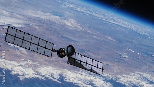Solar powered satellite hovering over the blue planet Earth. Collecting meteorological data for weather forecasting or providing communications. NASA public domain imagery
