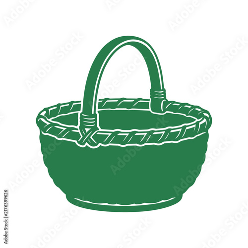 Green wicker basket vector illustration with handle for picnic shopping or harvesting