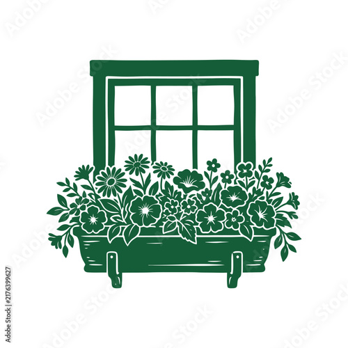 Green vector illustration of a window with a flower box planter filled with blooming flowers for gardening and home decor design