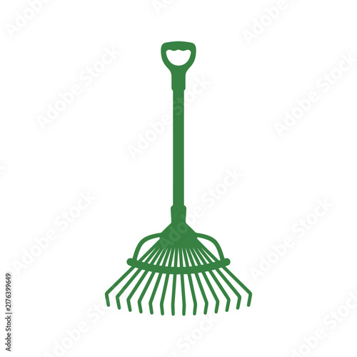 Green garden rake vector icon with long handle and fan tines for lawn care and yard maintenance