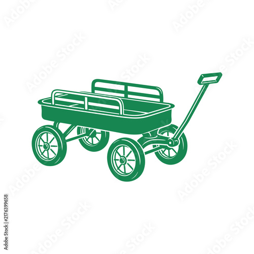 Green vector illustration of a classic toy wagon with pull handle and four wheels for garden or play use