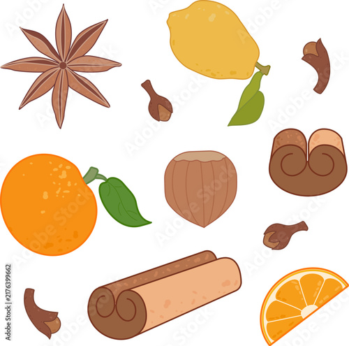 Mulled wine ingredients set with autumn spices cinnamon anise clove and citrus fruits