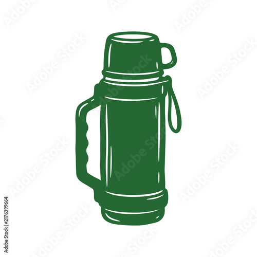 Green thermos flask vector illustration with handle and cup lid for camping and outdoor activities