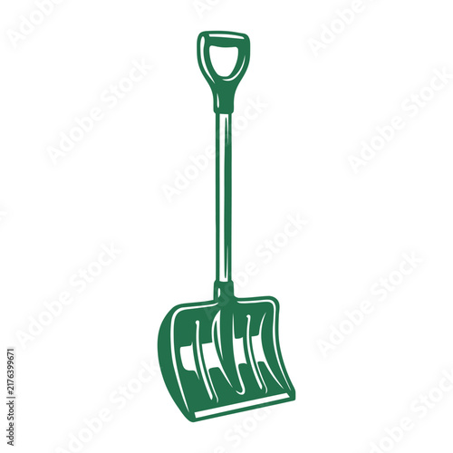 Green snow shovel vector illustration with D-grip handle for winter maintenance and snow removal design