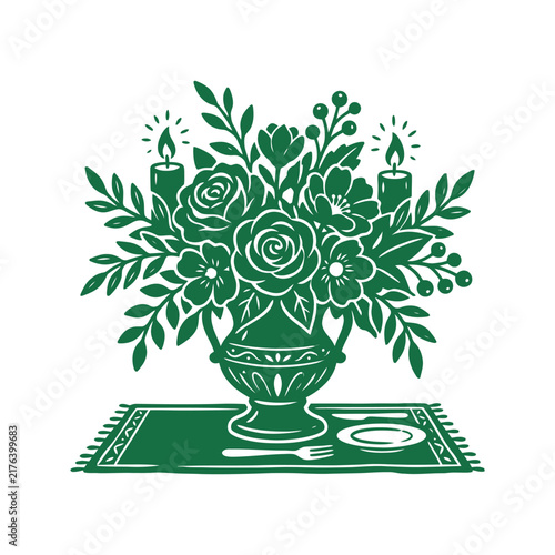 Green vector illustration of a floral centerpiece in a vase with roses and candles on a table setting placemat