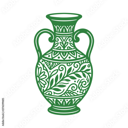 Green Greek amphora vector illustration with ornate floral and geometric patterns for classical design