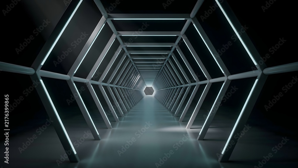Naklejka premium Futuristic hexagonal lattice tunnel 3D render – Suitable for network infrastructure promotions, digital technology concepts, or virtual reality backgrounds.