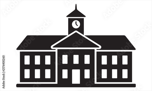 Minimalist School Building Vector Icon with Clock Tower for Education and Architecture Design
