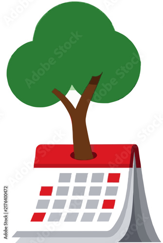Vibrant vector illustration of a lush green tree growing from red calendar pages, symbolizing growth, time management, deadlines, and nature in a flat hand-traced icon style