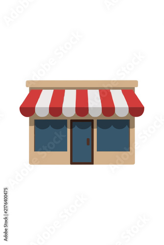 Charming flat vector illustration of a small shop with red and white striped awning and blue frontage, vector icon style storefront graphic for retail and commerce concepts.