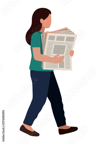 Hand-drawn vector illustration of woman carrying a bundle of old newspapers curbside, isolated flat design graphic icon for recycling, journalism, and media concepts