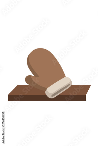 Hand-traced vector illustration of a cozy unfinished brown mitten resting on a wooden window seat with cream-colored cuff, simple flat design style for winter and seasonal graphic resources