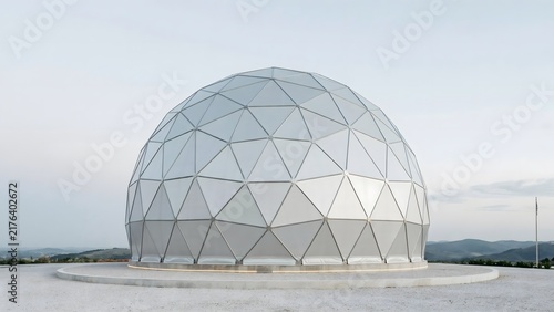 Architectural photograph of aluminum geodesic dome – Great for sustainable facility design, futuristic event space, or engineering showcase.
